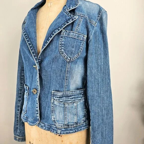 DKNY Jeans Y2K Industrial Chic Tailored Denim Blazer Jacket - Large - Picture 8 of 16